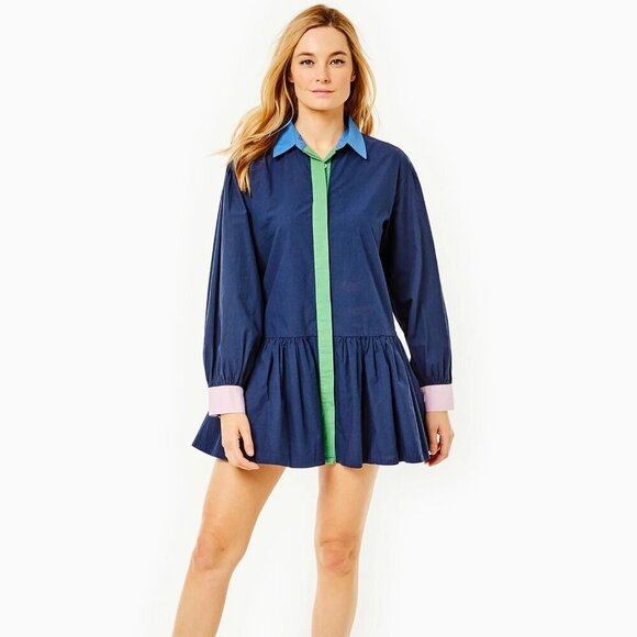 Addison Bay Poplin Dress Women's Size L Blue Button Front Drop Waist Peplum
